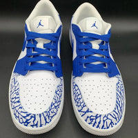 Custom AJ 1s Shoes Crackle Pattern Blue and White