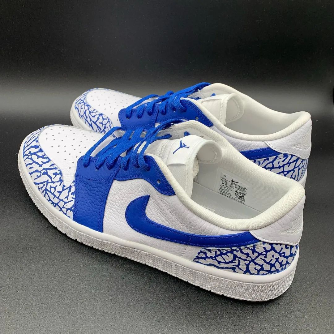 Custom AJ 1s Shoes Crackle Pattern Blue and White