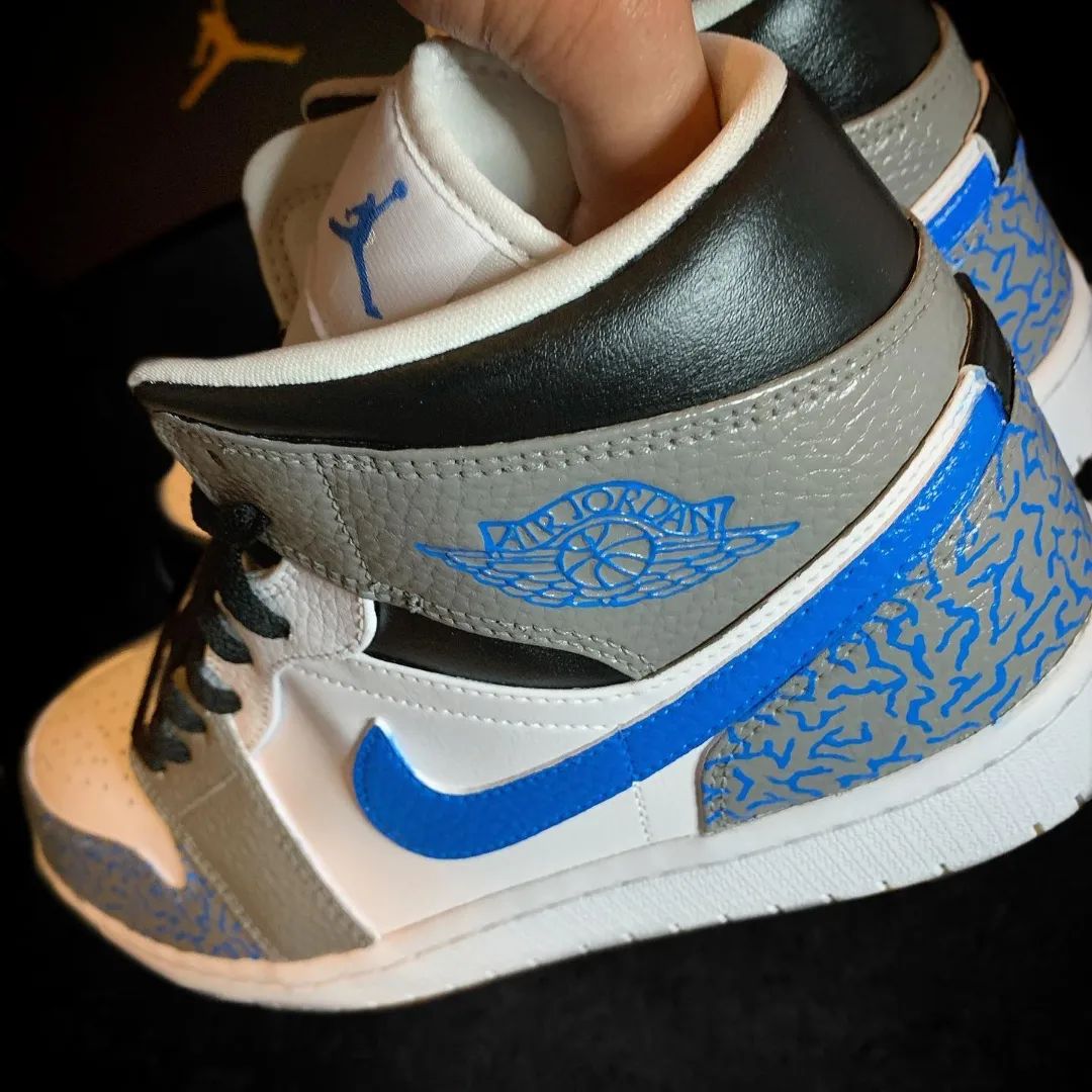 Custom AJ 1s Shoes Crackle Pattern Blue Grey White