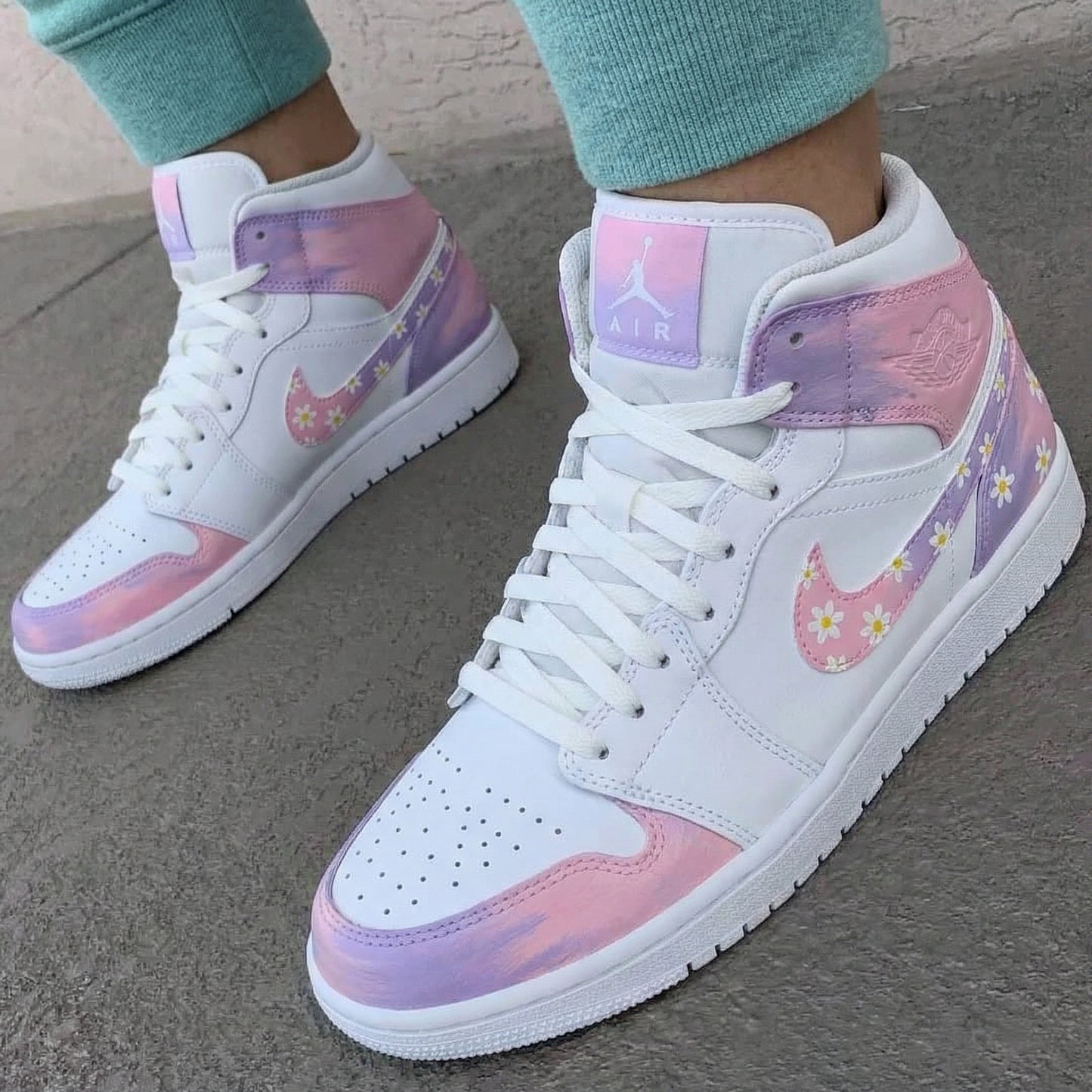 Custom AJ 1s Shoes Daisy Pattern Baby Pink and Lilac