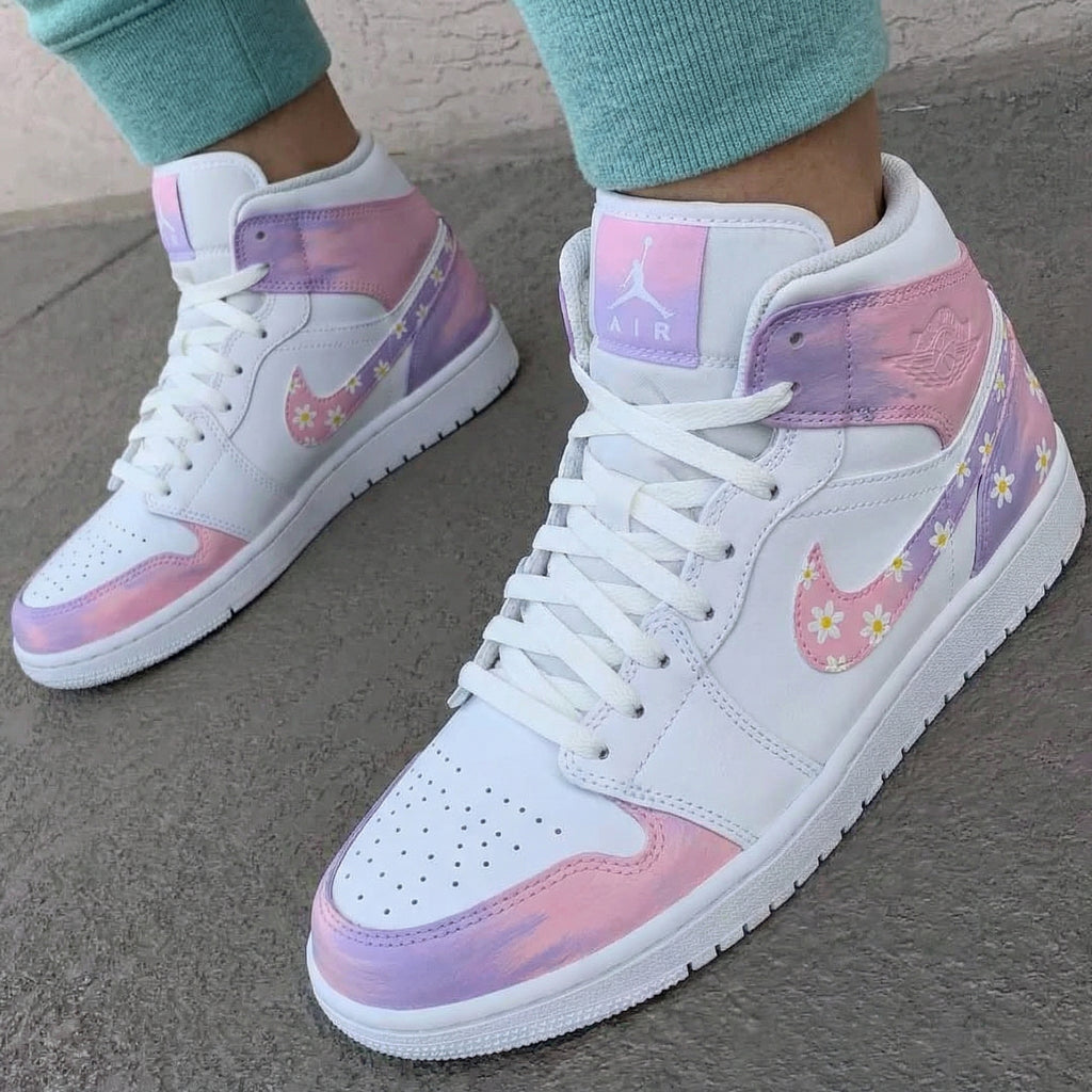 Custom AJ 1s Shoes Daisy Pattern Baby Pink and Lilac
