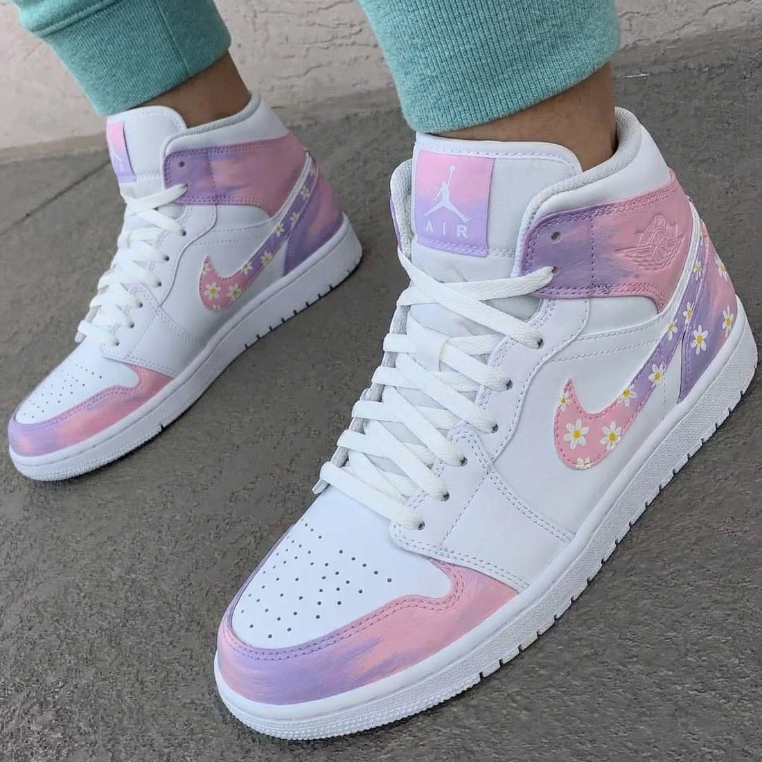 Custom AJ 1s Shoes Daisy Pattern Baby Pink and Lilac