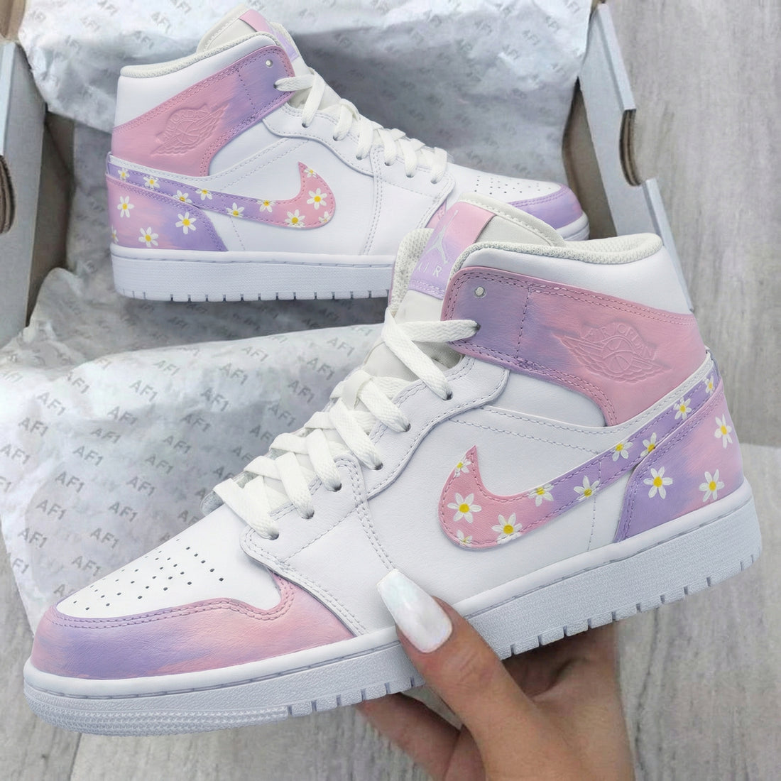 Custom AJ 1s Shoes Daisy Pattern Baby Pink and Lilac