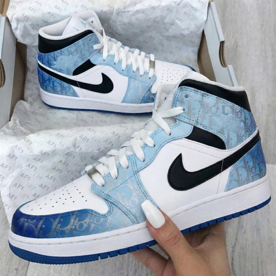 Custom AJ 1s Shoes Dior Pattern Baby Blue Black