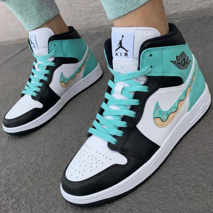 Custom AJ 1s Shoes Donut Design Black Teal