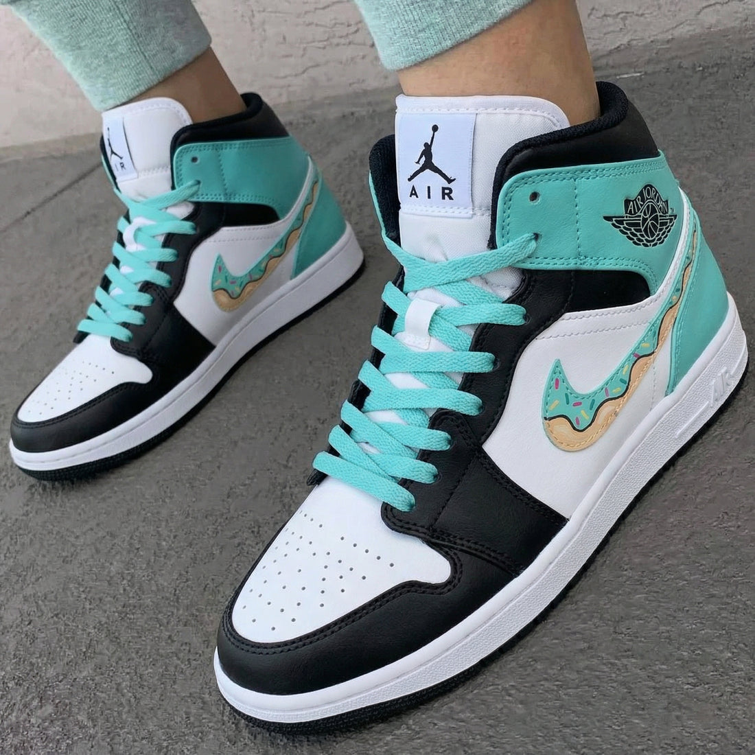 Custom AJ 1s Shoes Donut Design Black Teal