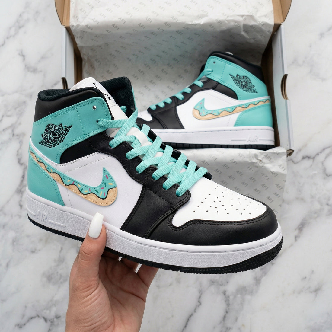 Custom AJ 1s Shoes Donut Design Black Teal