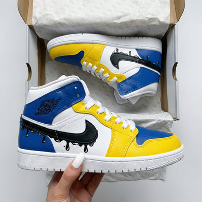 Custom AJ 1s Shoes Drip Black Swoosh Yellow Blue