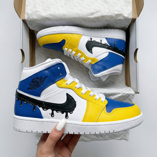 Custom AJ 1s Shoes Drip Black Swoosh Yellow Blue