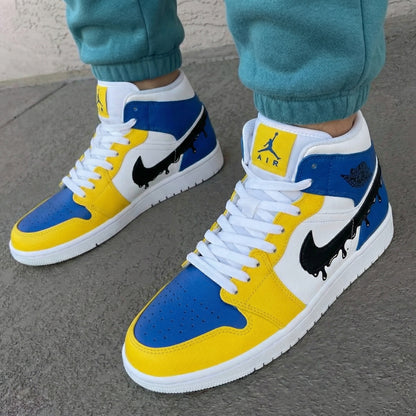 Custom AJ 1s Shoes Drip Black Swoosh Yellow Blue