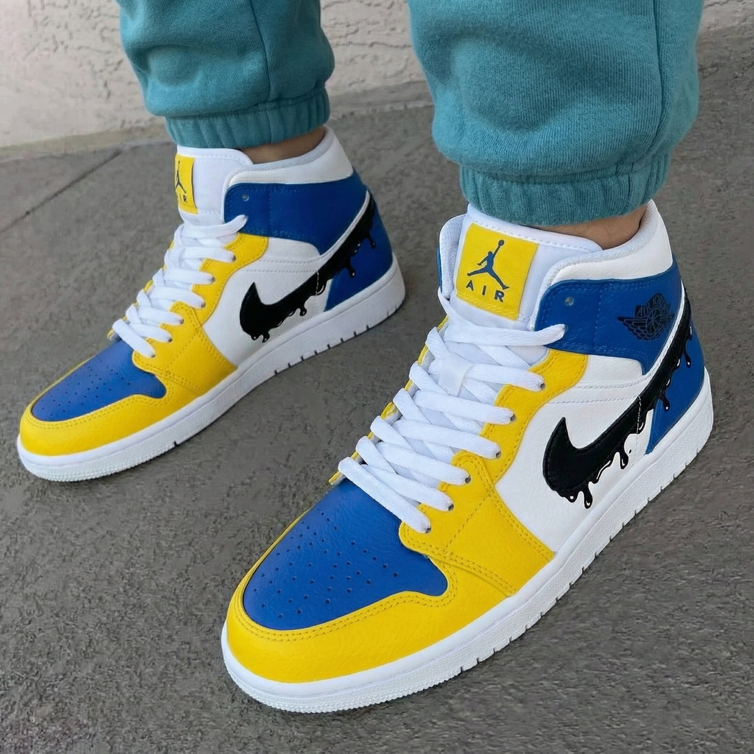 Custom AJ 1s Shoes Drip Black Swoosh Yellow Blue