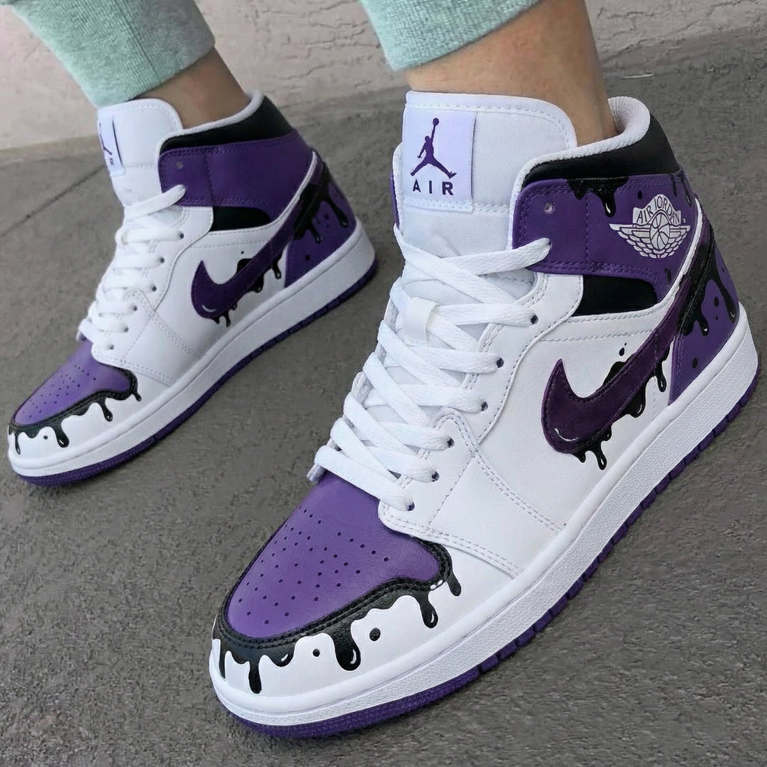 Custom AJ 1s Shoes Drip Design Purple Black White