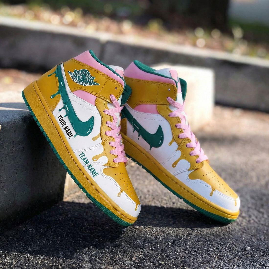 Custom AJ 1s Shoes Drip Design Yellow Pink Green