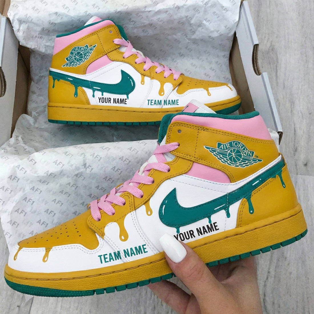 Custom AJ 1s Shoes Drip Design Yellow Pink Green
