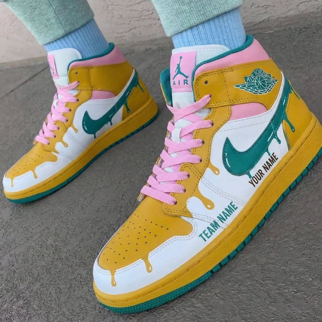 Custom AJ 1s Shoes Drip Design Yellow Pink Green