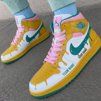 Custom AJ 1s Shoes Drip Design Yellow Pink Green