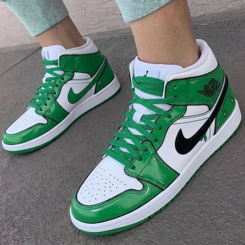 Custom AJ 1s Shoes Drip Effect Green Black