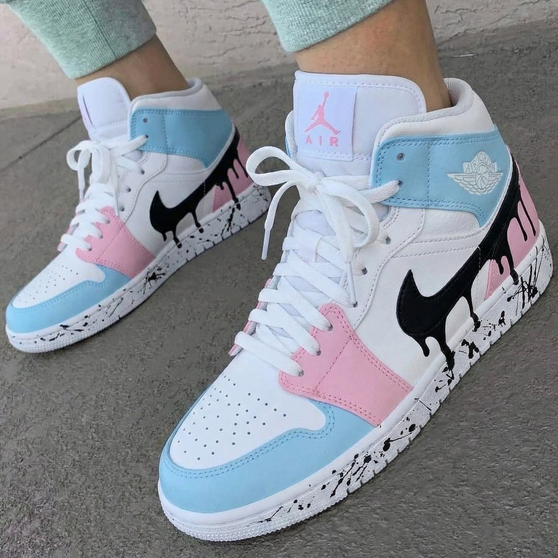 Custom AJ 1s Shoes Drip Paint Design Baby Blue Pink
