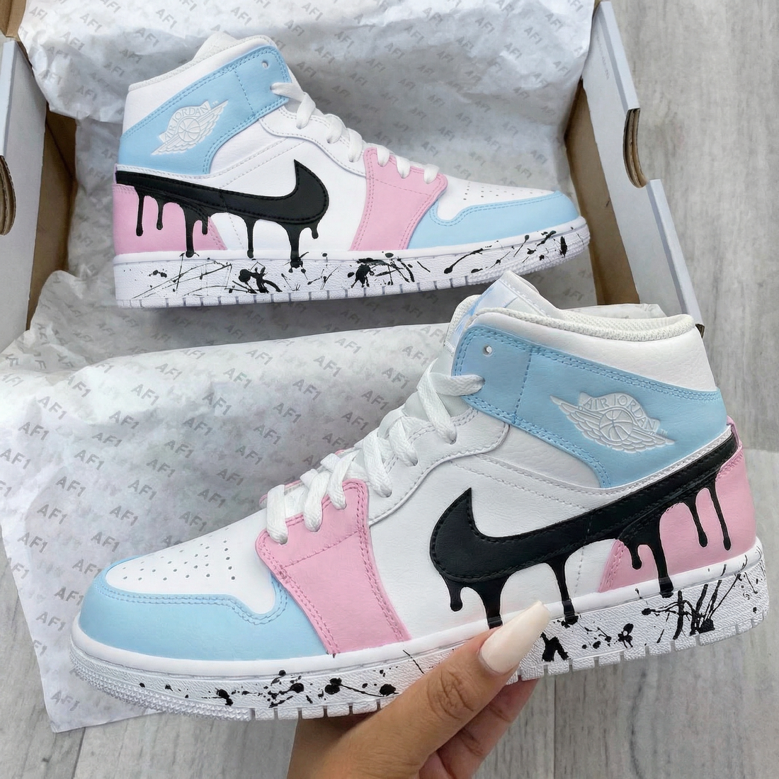 Custom AJ 1s Shoes Drip Paint Design Baby Blue Pink