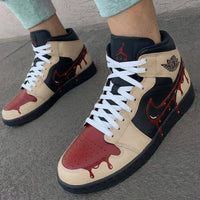 Custom AJ 1s Shoes Drip Pattern Black Beige Maroon