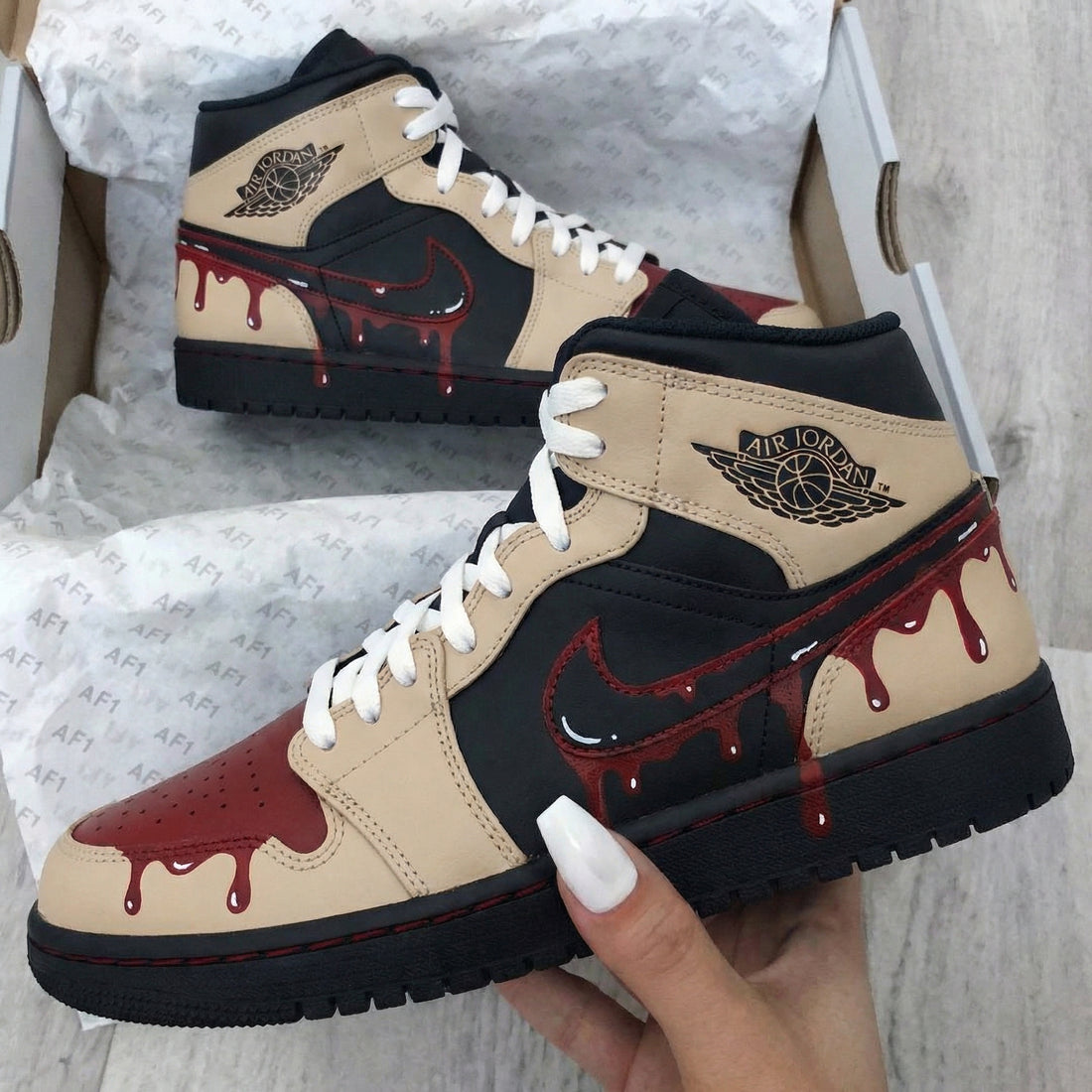 Custom AJ 1s Shoes Drip Pattern Black Beige Maroon