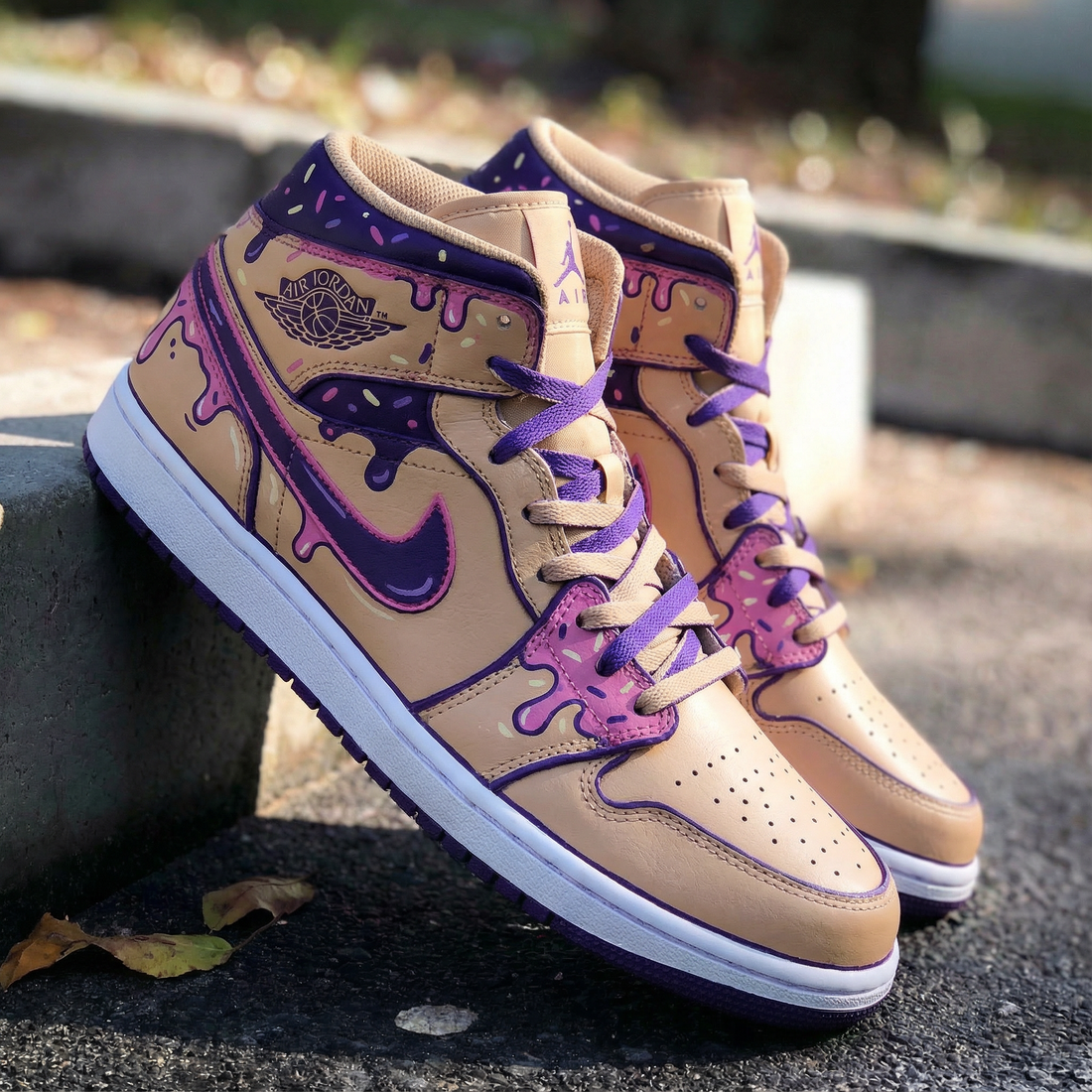 Custom AJ 1s Shoes Drip Pattern Pink Purple