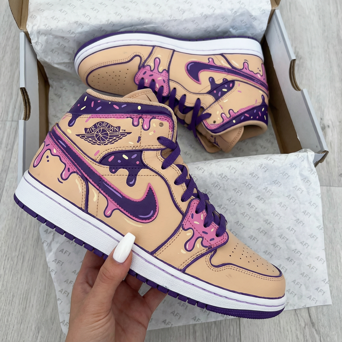 Custom AJ 1s Shoes Drip Pattern Pink Purple