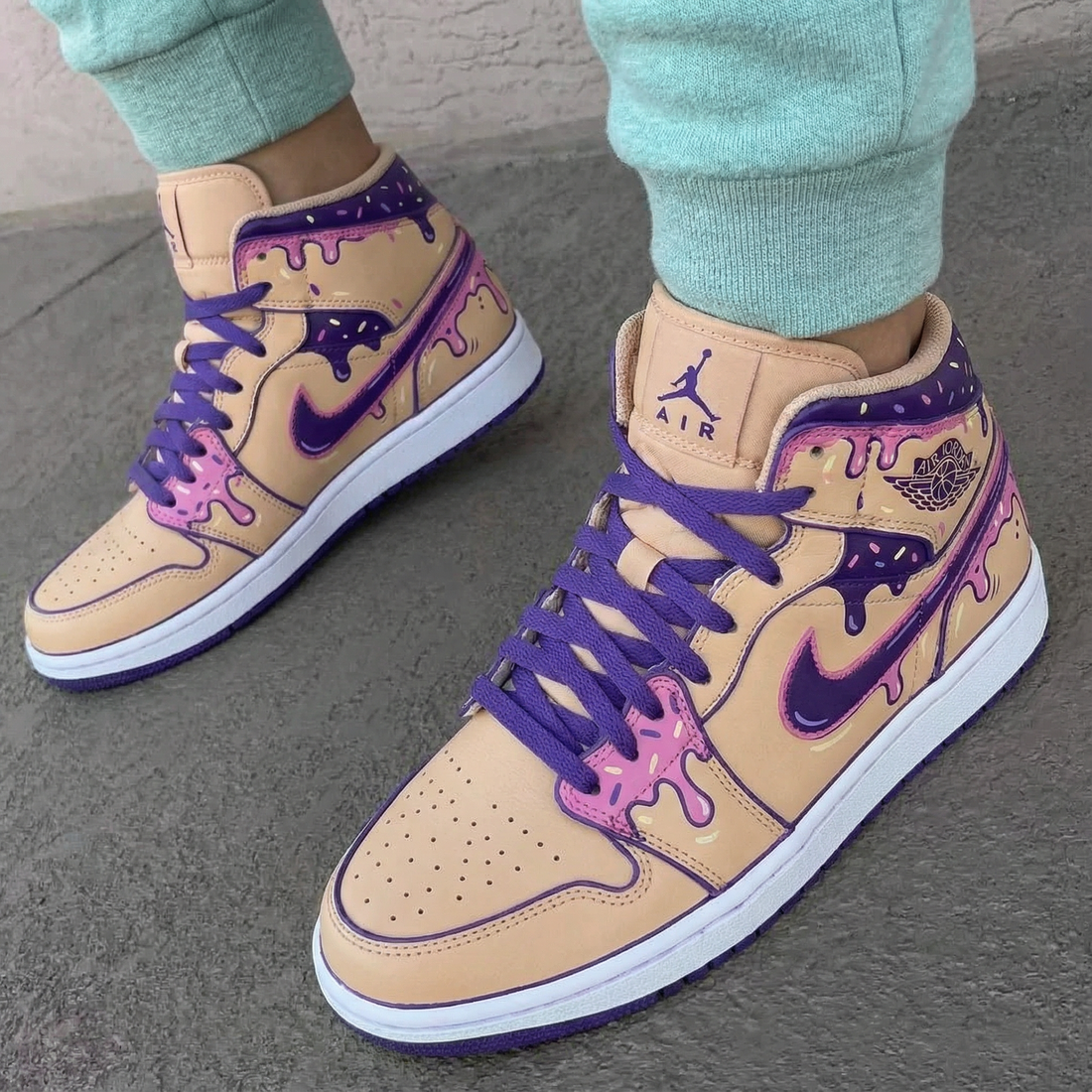 Custom AJ 1s Shoes Drip Pattern Pink Purple