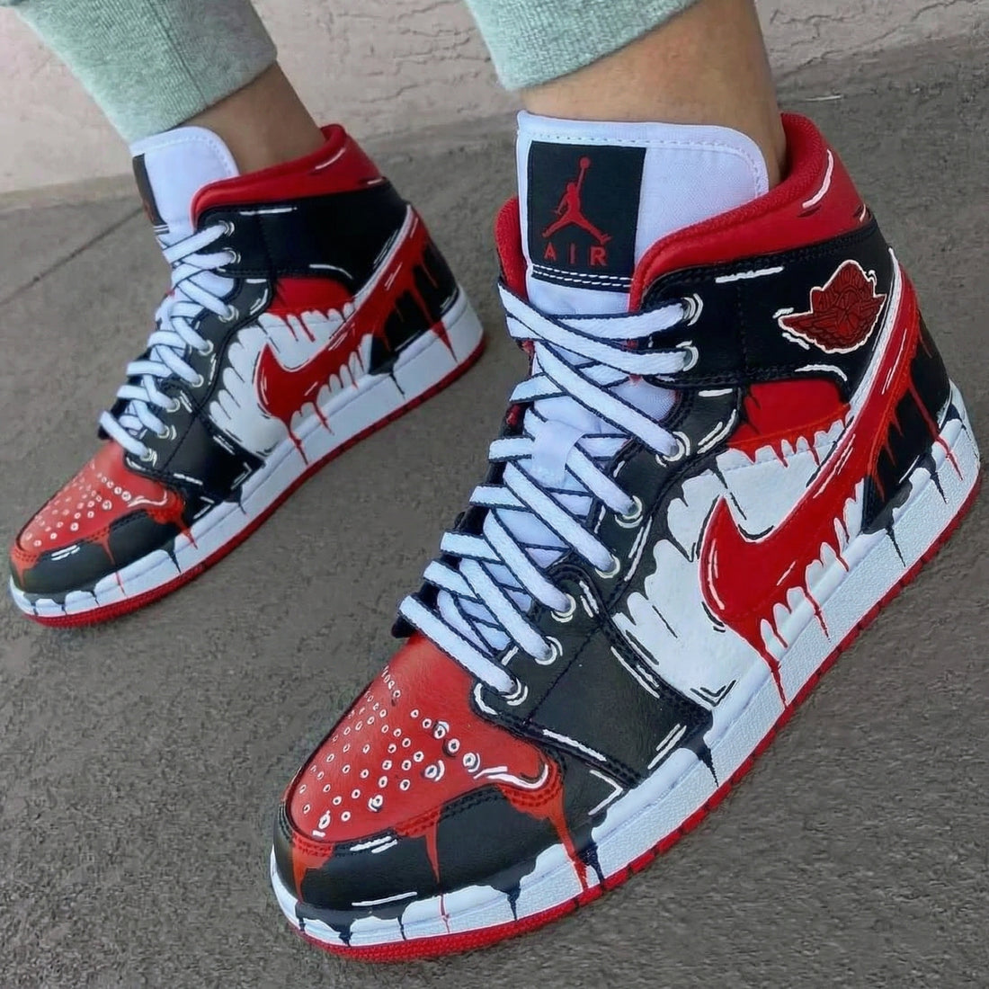 Custom AJ 1s Shoes Drip Pattern Red Black White