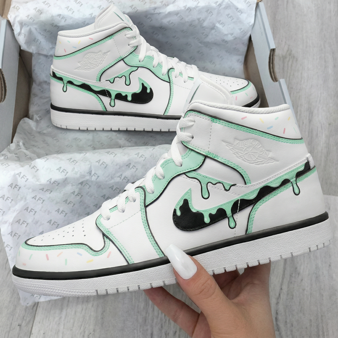 Custom AJ 1s Shoes Drip Sprinkles Mint Green Black