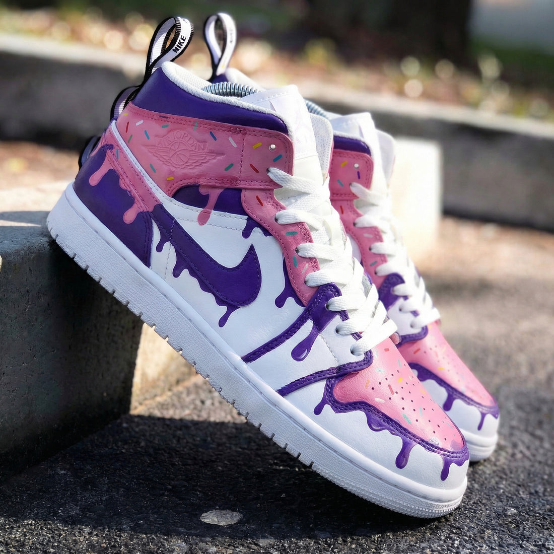 Custom AJ 1s Shoes Dripping Icing Pattern Baby Pink Purple