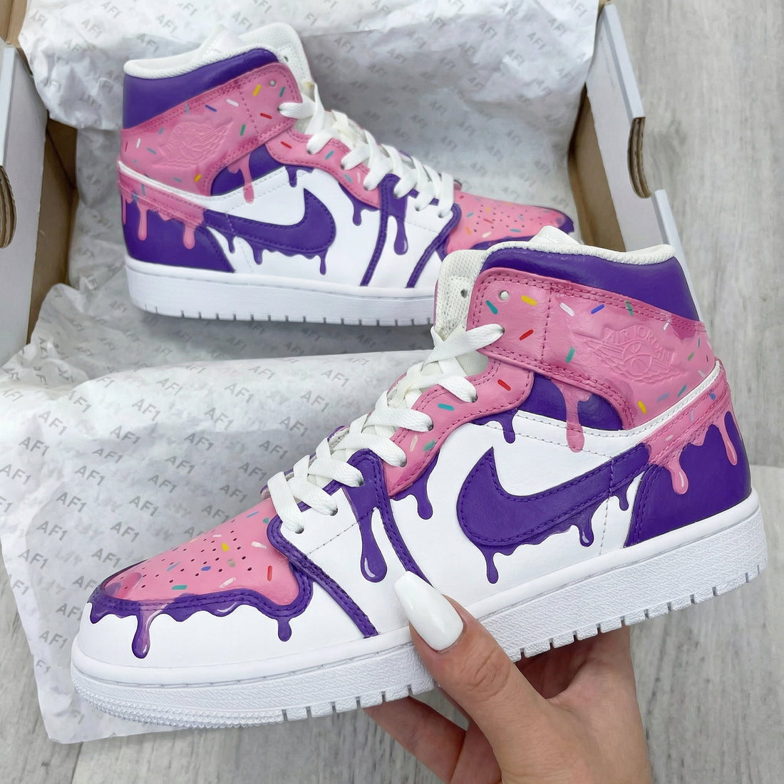 Custom AJ 1s Shoes Dripping Icing Pattern Baby Pink Purple
