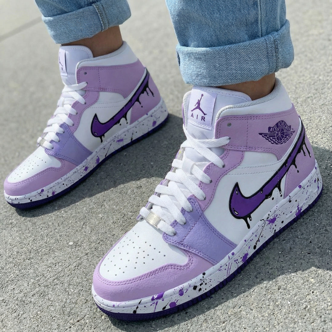 Custom AJ 1s Shoes Dripping Paint Design Baby Purple White