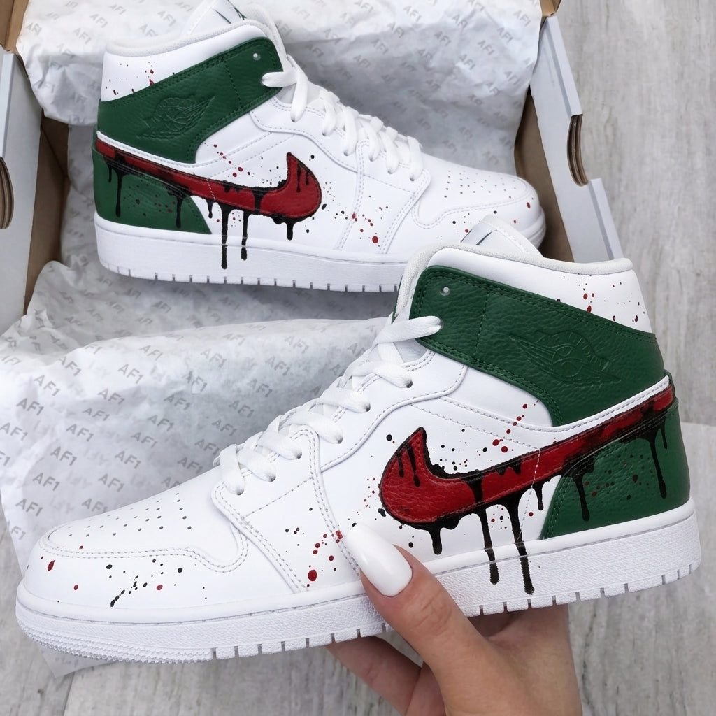 Custom AJ 1s Shoes Dripping Paint Green Red