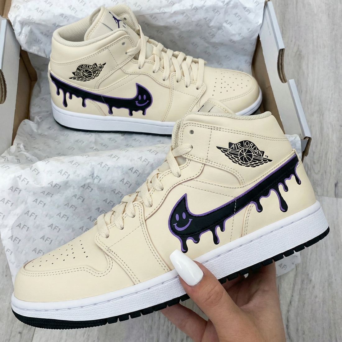 Custom AJ 1s Shoes Dripping Smiley Face Design Beige Purple