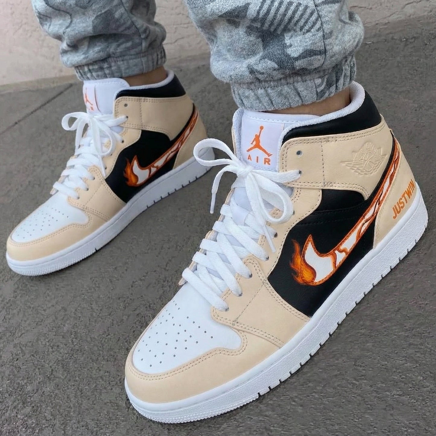 Custom AJ 1s Shoes Flame Pattern Beige Black