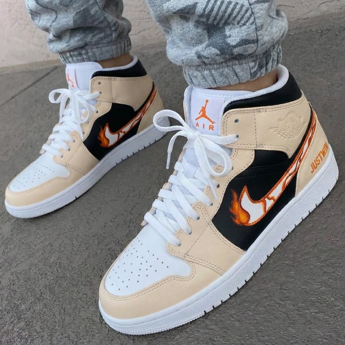 Custom AJ 1s Shoes Flame Pattern Beige Black