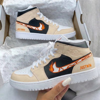 Custom AJ 1s Shoes Flame Pattern Beige Black