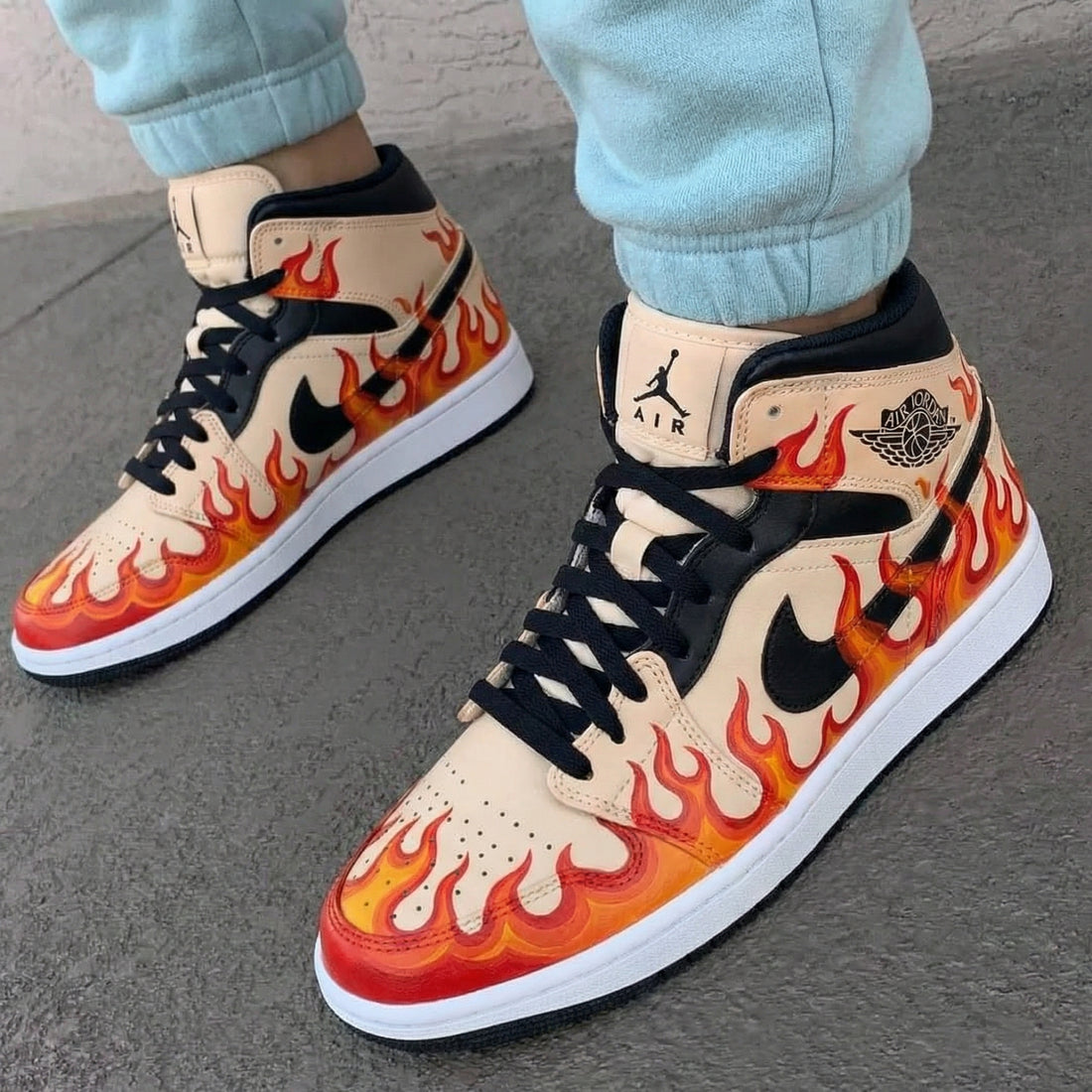 Custom AJ 1s Shoes Flame Pattern Black Beige