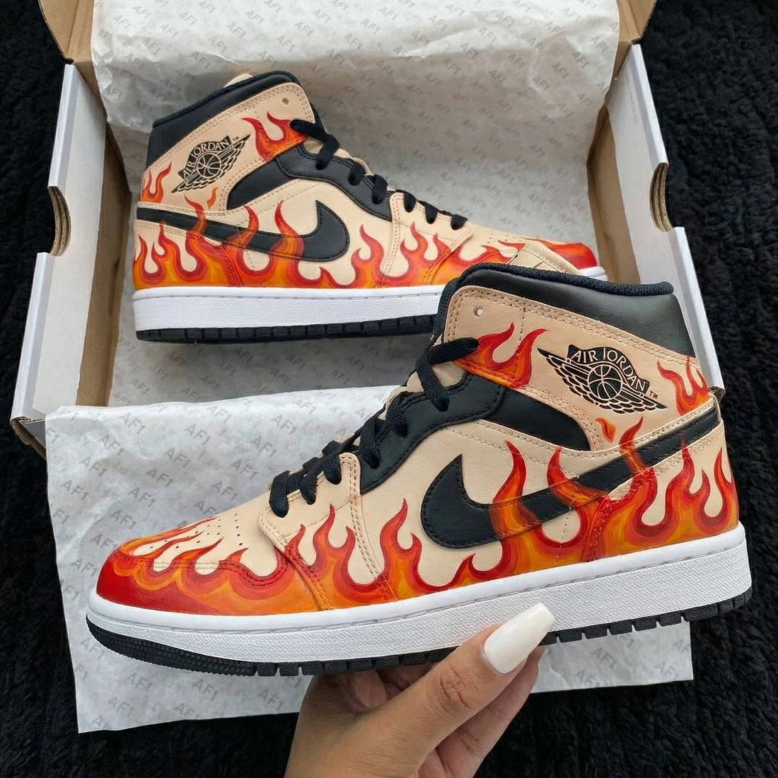 Custom AJ 1s Shoes Flame Pattern Black Beige