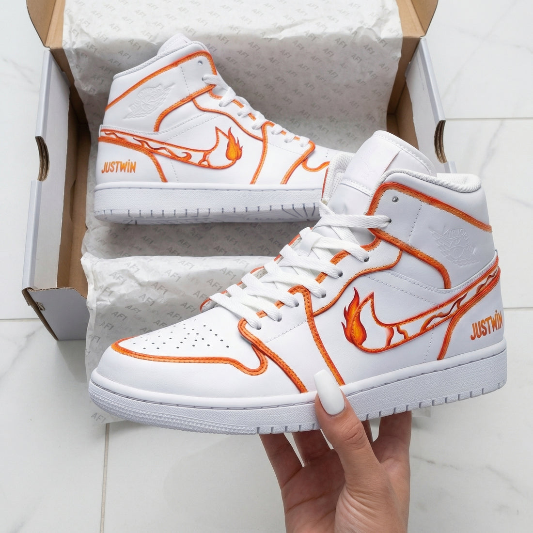 Custom AJ 1s Shoes Flame Pattern Orange Color