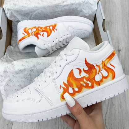 Custom AJ 1s Shoes Flame Pattern Orange Red
