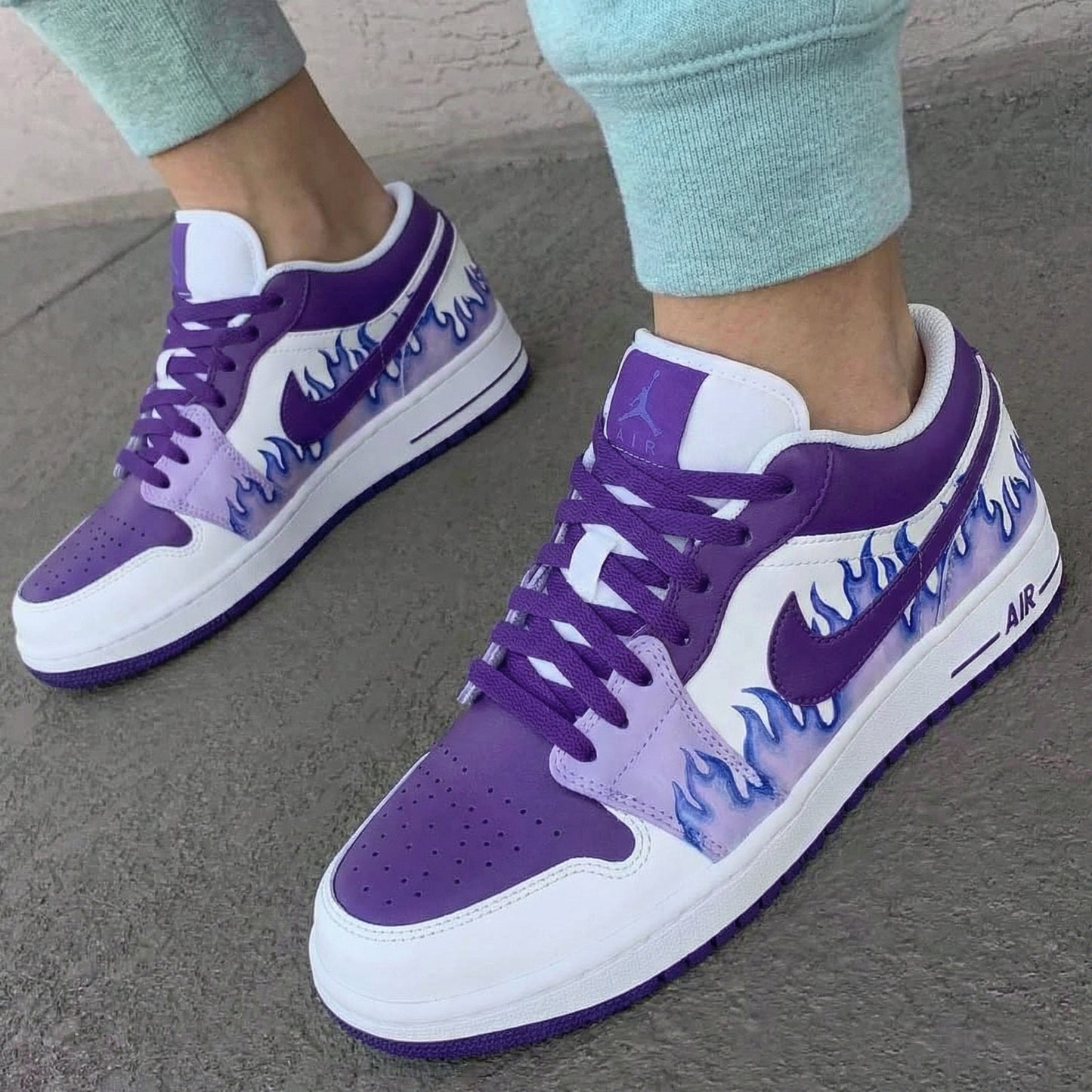 Custom AJ 1s Shoes Flame Pattern Purple White