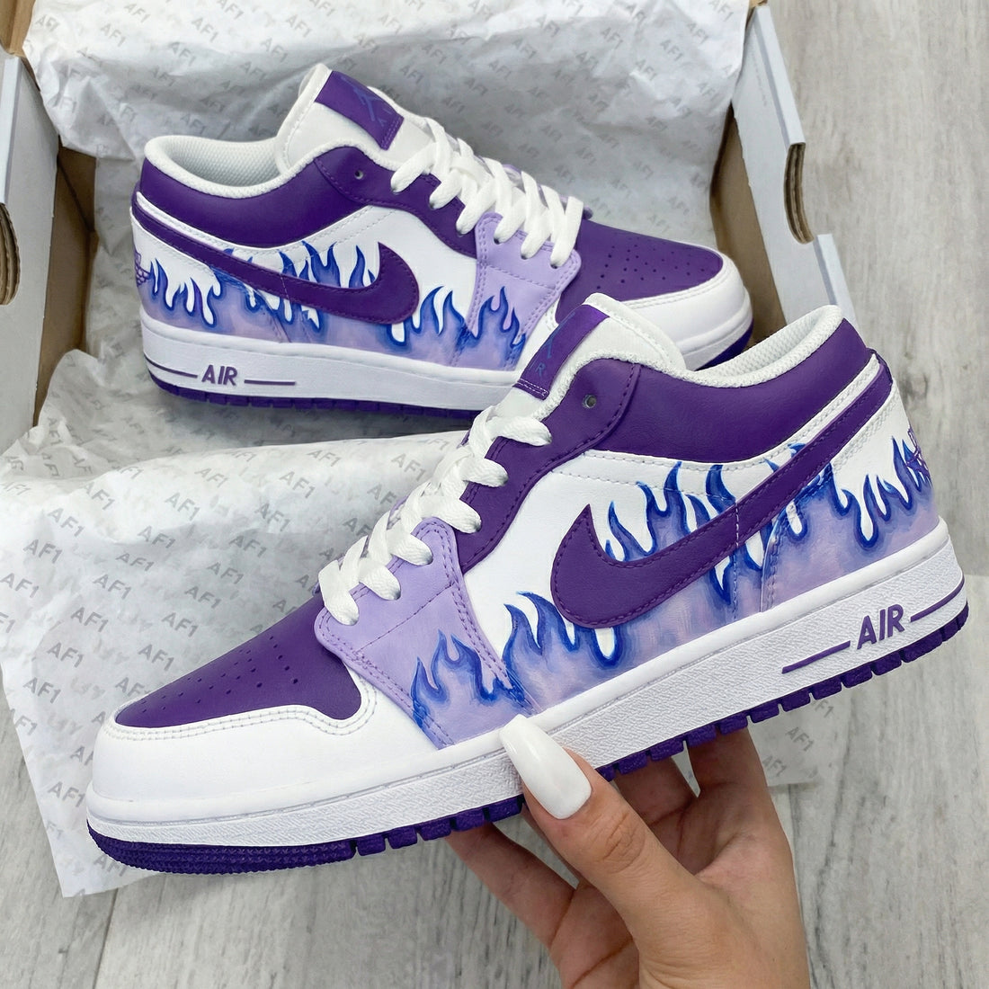 Custom AJ 1s Shoes Flame Pattern Purple White
