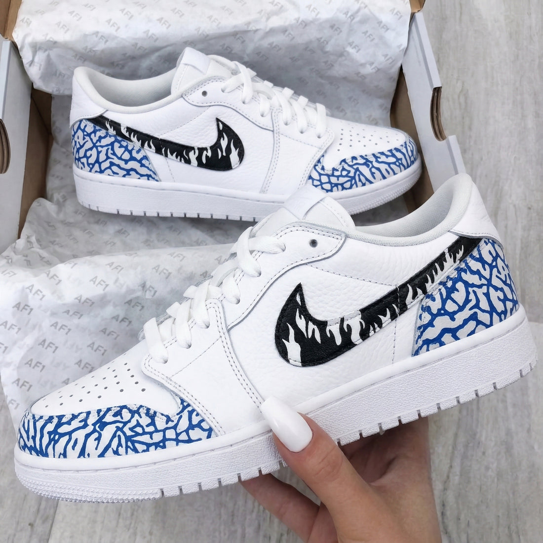 Custom AJ 1s Shoes Flame Swoosh Blue Crackle Black Blue
