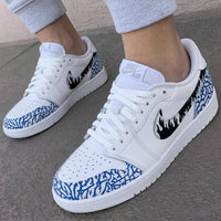 Custom AJ 1s Shoes Flame Swoosh Blue Crackle Black Blue
