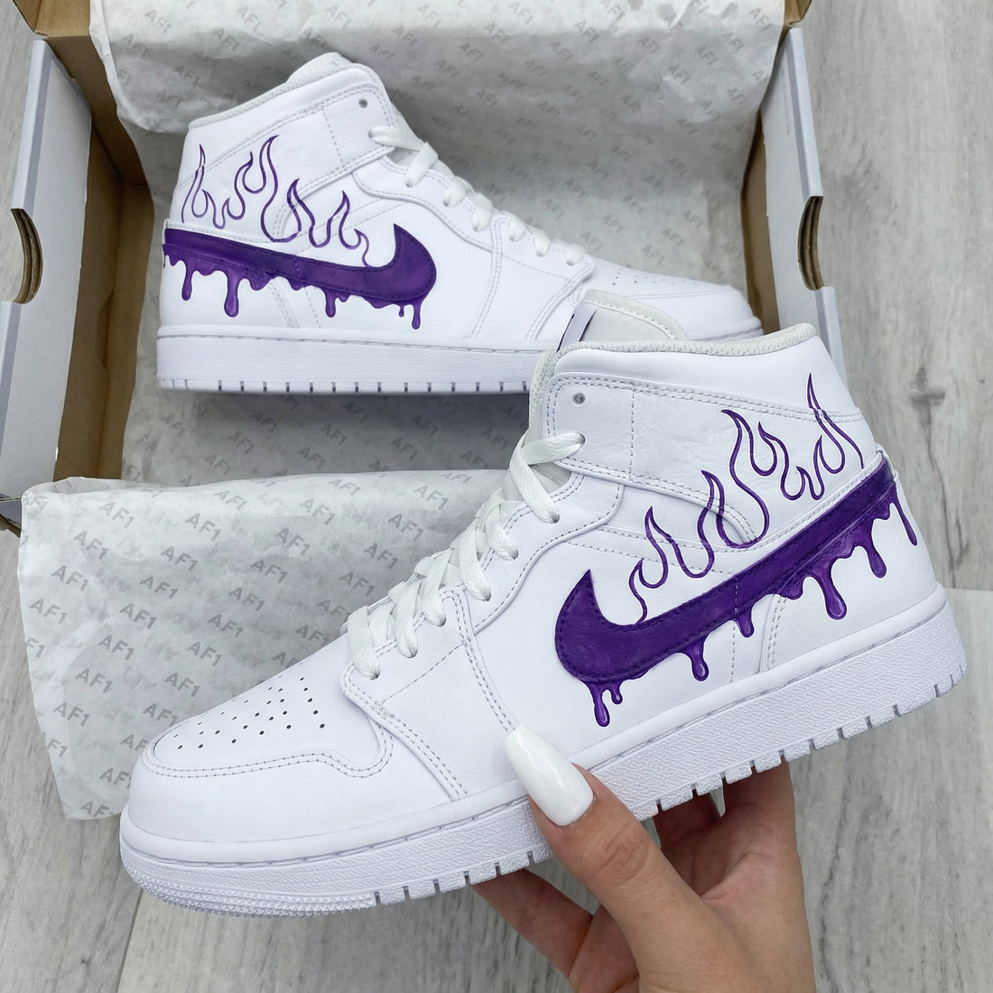 Custom AJ 1s Shoes Flames Drip Purple Swoosh White Purple