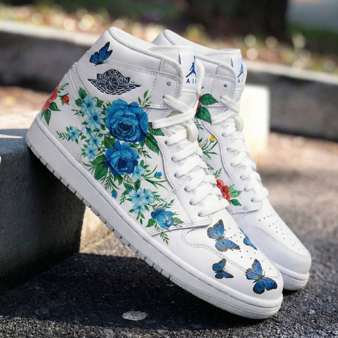 Custom AJ 1s Shoes Floral and Butterflies Blue and Red