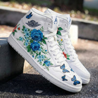 Custom AJ 1s Shoes Floral and Butterflies Blue and Red