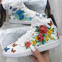 Custom AJ 1s Shoes Floral and Butterflies Blue and Red